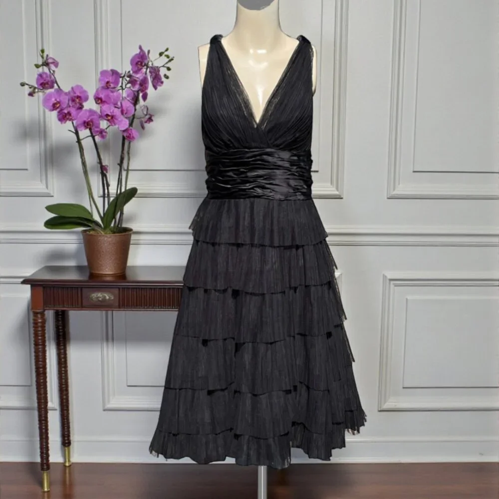 Maggy London Black V-Neck Tiered Ruffle Midi Dress - Picture 3 of 7
